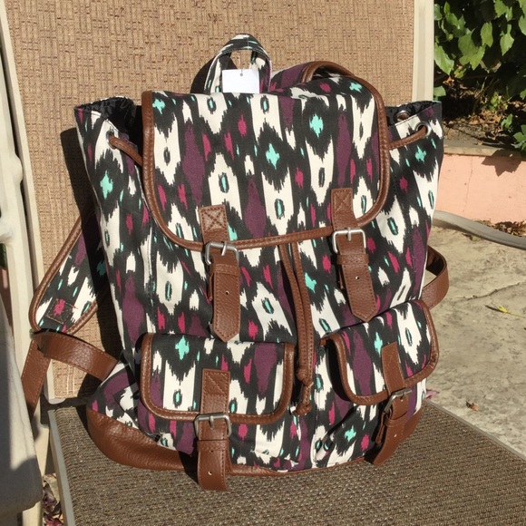 Canvas Backpack Brown Magenta Mint Ikat Unisex New - Picture 2 of 8
